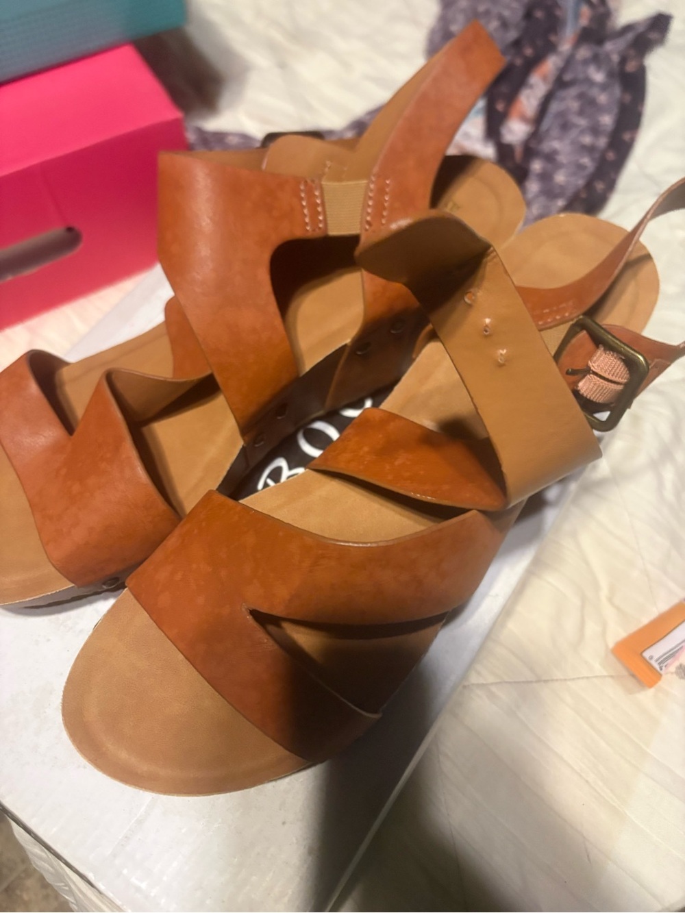 BAMBOO Cognac Brown Strappy Wedge Sandals